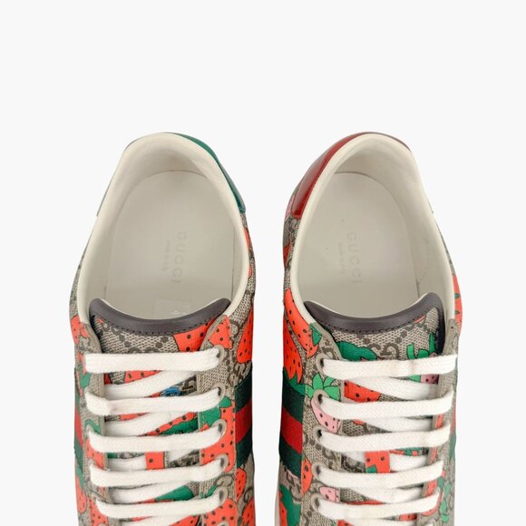 Gucci Ace Web Stripe Sneaker EU 38 US 8 Beige GG Monogram Strawberry Print - Picture 4 of 14